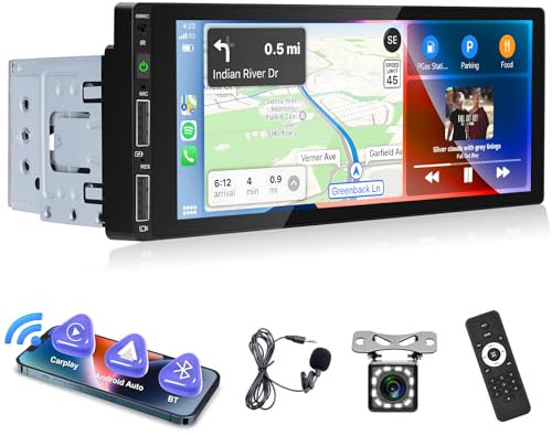 Hodozzy 1 Din Autoradio Wireless Carplay Android Auto, 6,86 Zoll Touchscreen Bildschirm Bluetooth 5.0, Mirror Link, Radio FM/EQ/USB Aux In/SWC/Rückfahrkamera Auto MP5 Player 1 Din