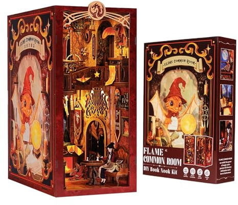 CUTEBEE Book Nook Kit mit Staubschutzhülle–DIY Puppenhäuser Miniatur Haus Kit mit LED-Licht,Booknook Häuser Modellbausätze für Erwachsene zum Bauen(Flame Common Room)