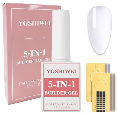 YGSHIWEI 5 en 1 Builder Gel, Gel Construction Ongle UV, Gummy Base Pose Americaine, Colle Faux Ongles,100 PCS Chablon Papier Pour Nail Extensions,Renforcement,Répare Nail Manucure 15ML(Transparent)