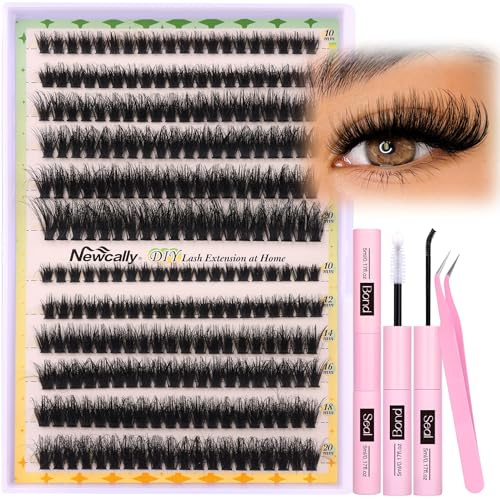 Fluffy Cluster Lashes Kit Individual Eyelashes 240 Pcs Wispy Eyelash Extension Kit 10-20MM D Curl DIY Lash Extension Kit 80D with Lash Bond and Seal Tweezers (70D+80D) by Newcally