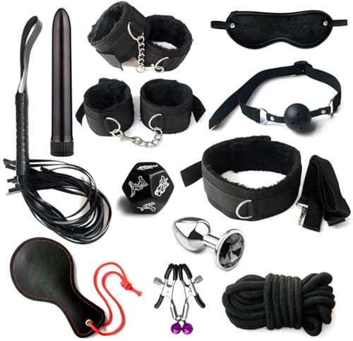 Sex Bondage BDSM Kit 12 Pcs Restraints Kit Set,Sex Toys for Women and Couples,Bed Sm Sex Game Play with Plush Hand Ankle Cuffs & Blindfold & Nipple Restraint,Gift for Valentine Game | Role Fun & Bedroom Games, Plush Handcuffs for Woman, Collar Leash, Blindfold,Rope, Nipple Clamps, Metal & Vibrating Anal Plug