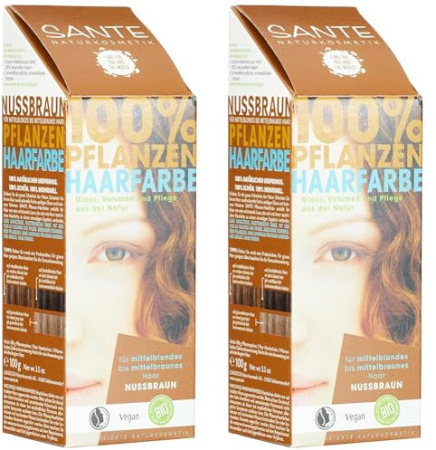 SANTE Naturkosmetik Pflanzen-Haarfarbe Pulver Nussbraun - Braun, Hennapulver, Deckendes Braun, Glänzende Farben, Grauabdeckung, Vegan, Natürliche Haarfärbung, 100g (Packung mit 2)