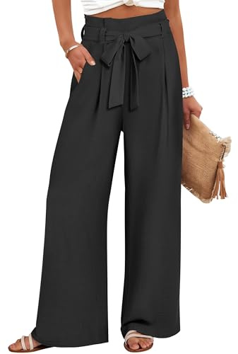 ANRABESS Womens Wide Leg Palazzo Pants Belted High Waisted Business Casual Flowy Long Trousers with Pockets Black-L