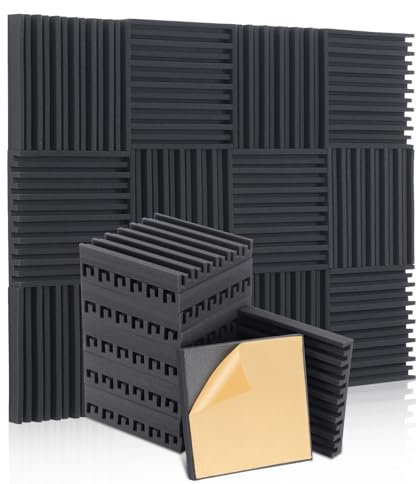 HERTBER - 24 Stück Akustikpaneele Selbstklebend Wandpaneele Schwarz Gerillte Akustikschaumstoff 12 x 12 x 2 Zoll Akustikplatten Hohe Dichte Schalldämmung Selbstklebend für gaming zimmer und büro...