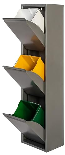 WELL HOME MOBILIARIO & DECORACIÓN Cubo de basura y reciclaje Metálico de 3 compartimentos, 3x17L (51L) Gris brillo