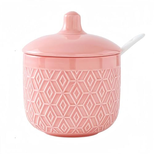Dowbom Sal, azucarera de porcelana de color sólido, para barra de café, azucarero con tapa y cuchara (rosa, 10 onzas), DB-TG-013