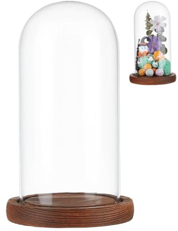 NBEADS Clear Glass Dome, Clear Glass Display Case with Camel Wood Base Decorative Display Dome Case for Plants Flower Display Photos Medals Decoration, Finish Size: 113.5x215mm