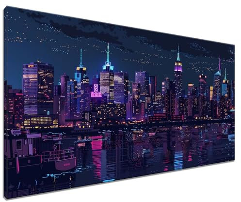 Malen Nach Zahlen Erwachsene New York, DIY Handgemalt Ölgemälde Leinwand Kits, DIY Set Erwachsene Anfänger Paint by Numbers Malen Nach Zahlen Nachtsicht zur Heimdekoration, Kein Rahmen (50x70cm) T-8