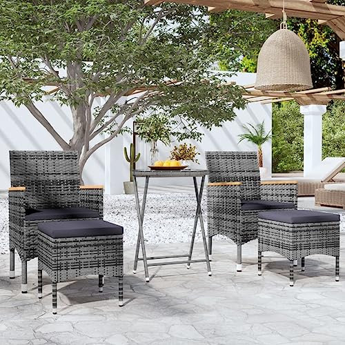 Homgoday Bistro-Set für den Garten, 5-teilig, Polyrattan und gehärtetes Glas, grau, Dekoration für Gartenmöbel, Tisch und Stühle für den Außenbereich, Set Modell 3058395