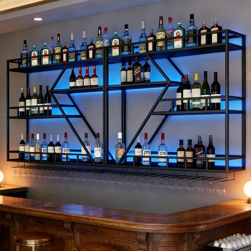 RAJYQODIS Weinregal Wand Metall (schwarz, 3 Ebenen-160cm) | Bar Regal mit Weingläserhalter - Modernes Weinflaschenregal für Küche, Esszimmer, Home Bar und Restaurant, Wandmontage