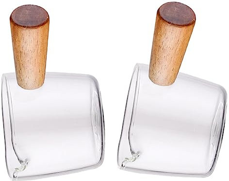 MAGICLULU 2pcs Seasoning Dish Glass Espresso Cups Handle Mini Shot Glasses for Creamer Pitcher Milk Cup Wooden Handle for Espresso Shot and Everyday Use