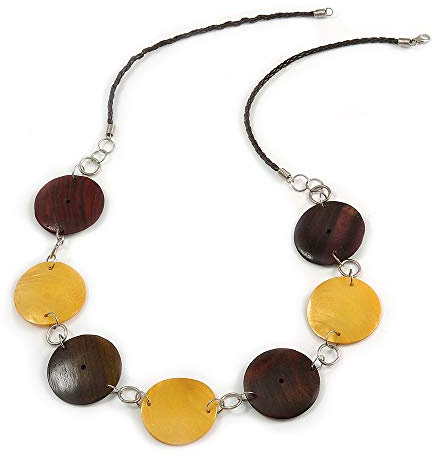 Avalaya Collana in legno marrone e conchiglia gialla con cordoncino in ecopelle, lunghezza 76 cm
