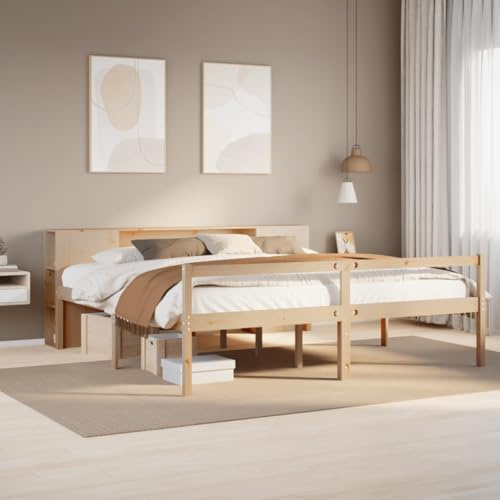 vidaXL Massivholzbett, Bett Kopfteil mit Bücherregal ohne Matratze, Bettgestell mit Lattenrost, Holzbett Doppelbett für Schlafzimmer, 180x200cm Kiefernholz