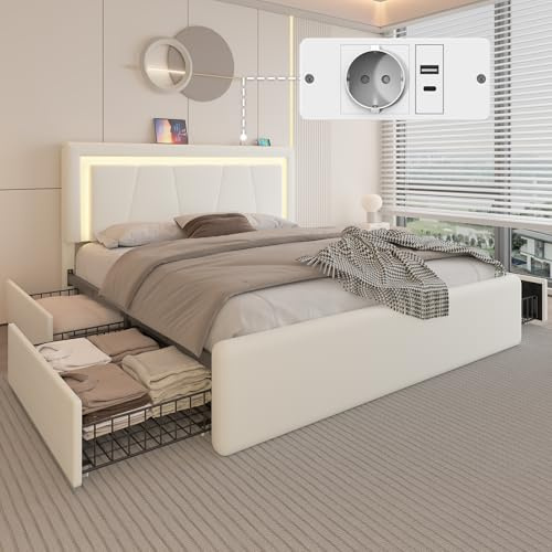 Queen Size Bed Frame with 4 Storage Drawers and LED Lights, Upholstered Platform Bed with Adjustable Headboard and Charging Station, Metal Slats Support, No Box Spring Needed,Easy Assembly, White