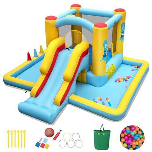 COSTWAY Castello Gonfiabile 7 in 1 per Bambini con Scivolo, Castello Gonfiabile con Mongolfiera, 50 Palline, Anelli e Basket, Gioco Gonfiabile da Interno ed Esterno, per Bambini da 3 a 10 Anni