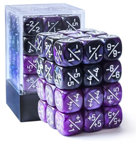 BESCON DICE Set mit 36 positiven und negativen Würfelzählern aus 12 mm lila und violett-schwarzem Marmor + Gemini, kleine Spielsteine kompatibel mit MTG, CCG, Kartenspiele