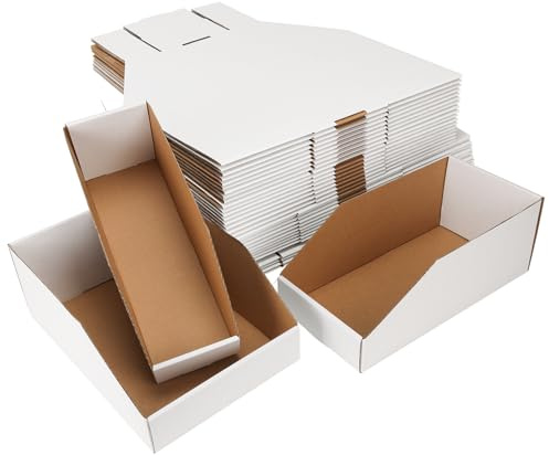 EXYGLO Cardboard Storage Bins Assorted Sizes, 35 Mixed Pack Cardboard Boxes,18 Pack 12x4x4.5, 12 Pack 12x6x4.5, 5 Pack 12x8x4.5 Corrugated Organizer Bins for Pantry, Shelves, Garage, Office, Shop