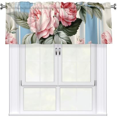 Helhappy Mantovana corta per finestra, elegante, con fiori rosa, 7,6 cm, con tasca per asta, per decorazioni domestiche, 137 x 45 cm, 1 pannello