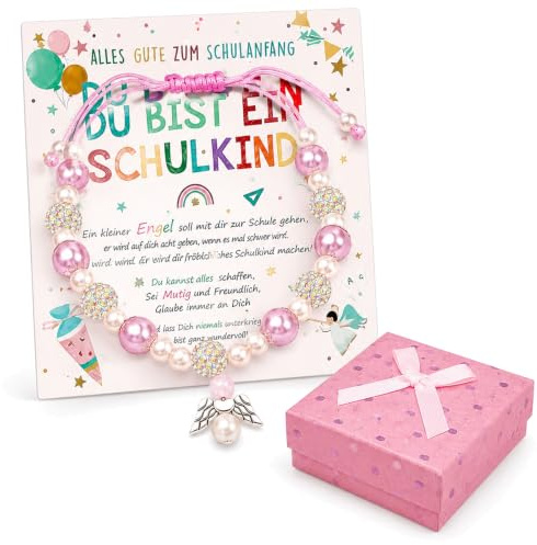 Einschulung Mädchen Geschenk, Schutzengel Armband mit Karte und Rosa Box | Schulkind 2026 Mädchen Armband, Kreative Geschenke zur Einschulung für Mädchen, Perfekte Schultüte Füllung zum Schulanfang