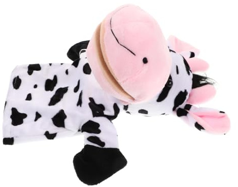 JUMPLAWN Marionetta di Mucca in Peluche con Bocca Mobile, Giocattolo Morbido e Adorabile per Bambini, Artigianato Fine per Feste di Compleanno e Natale