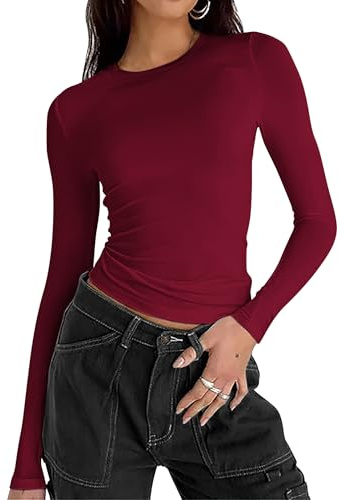 Zeagoo Dam basic t-shirt långärmad crop tops slim fit rund hals toppar, Vinröd, S