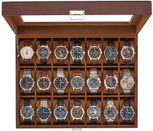 ProCase Uhrenbox, Uhrenaufbewahrung Uhrenkasten mit Glasdeckel, Uhrenkasten Uhrenkoffer mit Uhrenkissen, Watch Box für Herren - 21 Fächer, Espresso