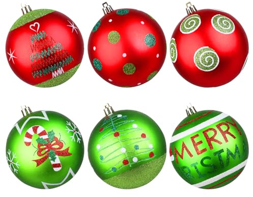 Lanpn 6 Pz Palla di Natale Grandi All'aperto, 10cm Palline Natalizie Rosso Verde, Giganti Palle di Albero Natale Scintillanti, Decorazioni Palline Plastica Infrangibili per Cortile Terrazza Prato