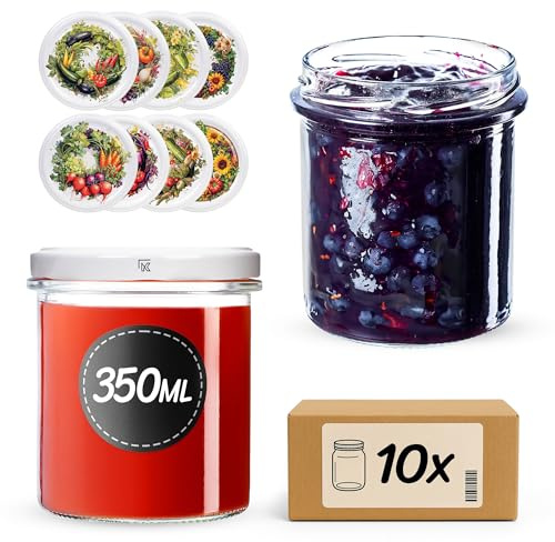 KADAX Lot de 10 pots à confiture de 350 ml avec couvercle à visser fi82 mm, petits bocaux en verre avec couvercle, pour la conservation, la conservation et la conservation (potager