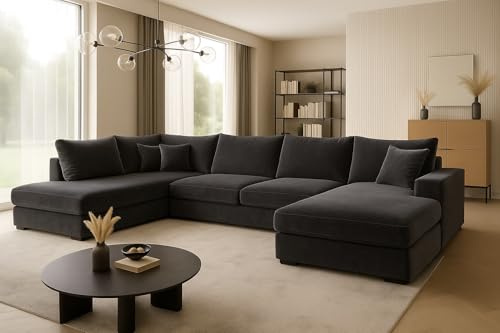 A&J MöbelLand Ecksofa Fabio 328x182 cm mit Schlaffunktion, Bonellfederkern und Bettkasten in Schwarz – modernes Schlafsofa mit Stauraum