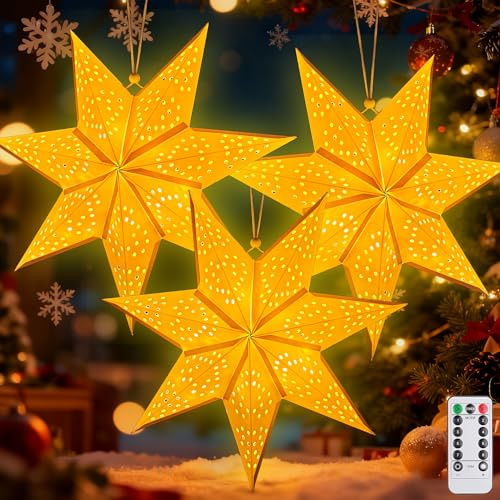 3Pcs Papierstern Lampenschirm,45cm LED Papiersterne Zum Aufhängen mit Fernbedienung und Timer,Papierstern mit Beleuchtung 8 Leuchtmodi,Papierstern Beleuchtet zum Aufhängen,Weihnachtsstern Beleuchtet