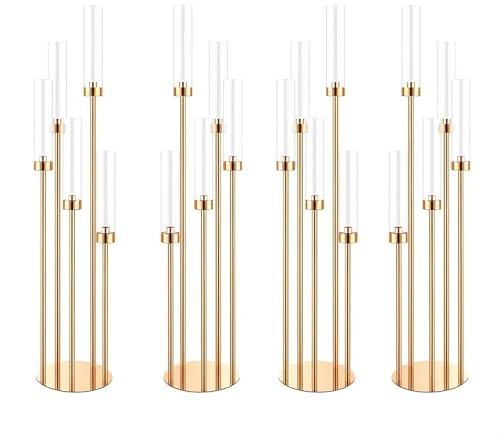 4 Sets 5 Arm Candelabra Centrepiece with Acrylic Lampshade, 106CM Tall Floor Candlestick Holders, Gold Candle Holders for Wedding, Dinner Party, Christmas, Home Decoration