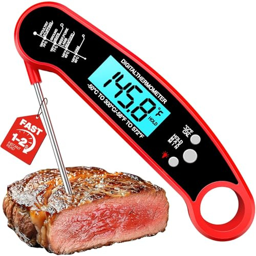 BESROY Termometro Cucina,Digitale Lettura Istantanea 2-3s, Termometro Carne, Sonda Lunga Pieghevole Impermeabile, LCD Retroilluminato Magnetico per Barbecue Olio Dolci(Rosso vivo)