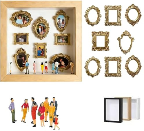 Mini scatola fai da te con sagome museali, kit personalizzato con mini cornici dorate e statuette, esposizione fotografica creativa per anniversari, matrimoni o ricordi di coppia (legno)