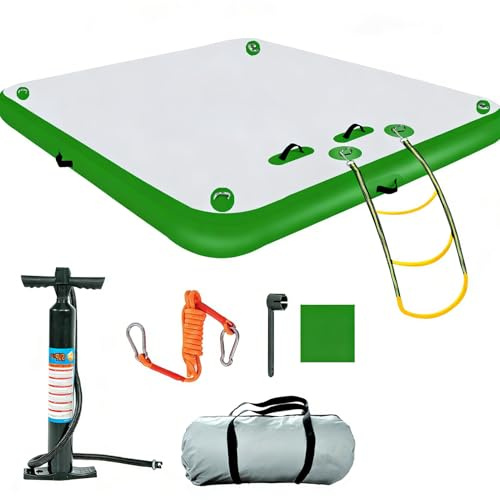 Aufblasbares Schwimmdock, Luftkissen-Plattform Schwimminsel-Matte mit Strickleiter für Pool, See, Strand, Meer, Angeln und Entspannung,Grün,4.9x5.9ft