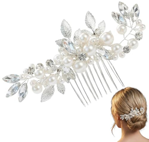 CATZUM Accessori per Capelli Sposa Fatti a Mano, Fiori Fermagli Sposa con Perle e Cristalli, Fermaglio Capelli Donna Elegante, Fermacapelli Sposa, Pettini Ferma Capelli per Ragazze Donna (Argento)
