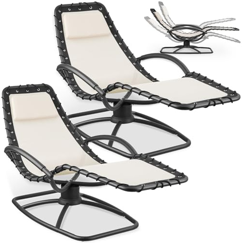 tectake® Set av två solstol med gungfunktion, ergonomisk solsäng med andningsbar & vattentät textilene, avtagbar huvudkudde, solstol för trädgård, balkong & terrass, max kapacitet 120 kg - Beige