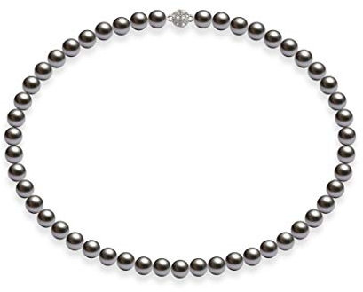 Schmuckwilli Perlenkette für Damen Magnetverschluß - 45cm Länge mit 8mm großen dunkel grauen runden Mallorca Perlen - Muschelkernperlen Kette für jeden Anlass - die Halskette Pearl Necklace für Frauen