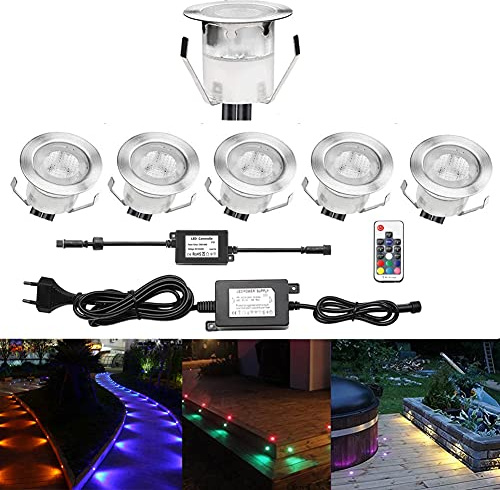LED Einbaustrahler, 6er Set LED Bodeneinbauleuchte Ø30mm 0.3W Treppen DC 12V Treppenbeleuchtung IP67 Wasserdicht Außen Lampe RGB Veränderbare Lichter für Garden Küche Decke Poolbeleuchtung Holzdeck