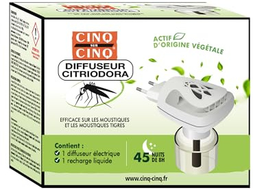 CINQ SUR CINQ | Diffuseur Citriodora + recharge liquide 24g | Diffuseur anti-moustiques électrique | Jusqu’à 45 nuits de protection | Efficace sur les moustiques tigres