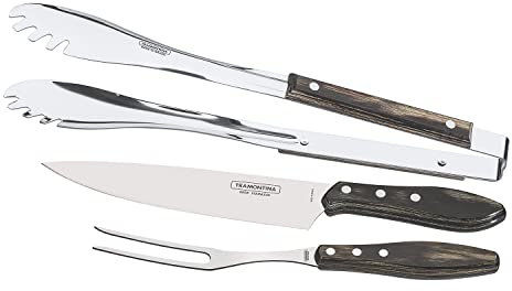 Tramontina Grillbesteck Set, 3-teilig, Grillzange, Tranchiermesser,Tranchiergabel aus rostfreiem Edelstahl, FSC, Tramontina_29899/267, Braun
