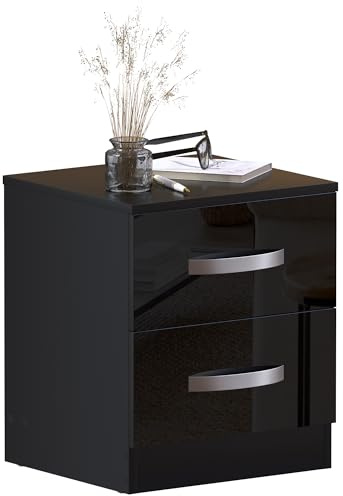 Vida Designs Nachttisch mit 2 Schubladen, Hochglanz, schwarz, 47 x 40 x 36 cm