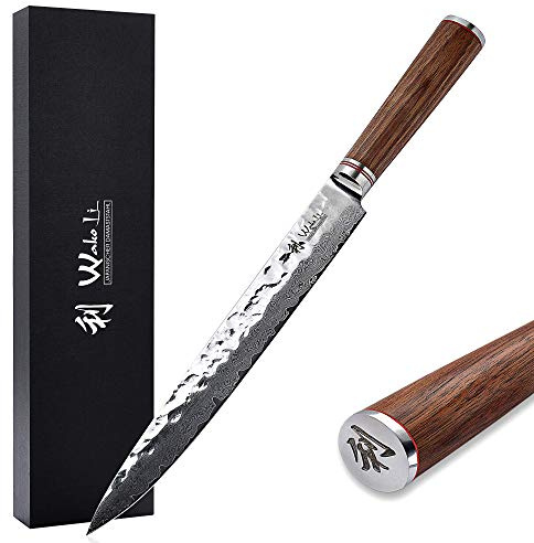 Wakoli Nussbaum Fleischmesser und Tranchiermesser, 25 cm lange Damastklinge | 67 Lagen Damaststahl mit VG10-Kern, Hammerschlag, 15° V-Schliff und Nussbaumholzgriff, für Braten und Geflügel in Geschenkbox