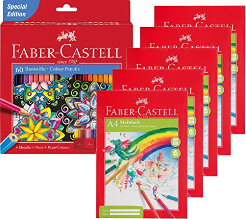 Faber-Castell 111260 - Buntstift Castle, 60er Kartonetui (Vorratspack inklusive 5x Malblock mit je 100 Blatt)