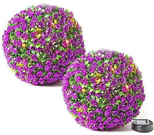 Greenfields 28cm Solar Powered Decorative Topiary Hanging Flower Balls in Purple with 20 LED – Flashing or Static Functionality, UV Fade Protected and Weatherproof (2 Purple)