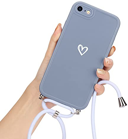 Lafunda Handykette für iPhone 7/8/iPhone SE2020/SE2022 Hülle mit Band - Grau | abnehmbare Handyhülle mit Kordel zum Umhängen,Silikon Schutzhülle mit Herzmuster für iPhone 7/8/iPhone SE2020/SE2022