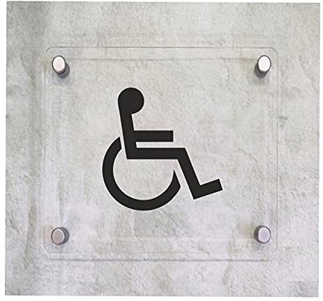 CARTELLO IN PLEXIGLASS SEGNALETICO - Toilette DISABILI - Con Distanziali in acciaio inox e Stampa U.V. (15X15 CM)