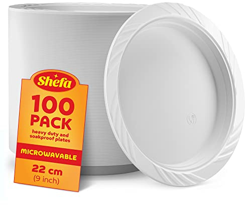 Shefa 100 White Plates, Reusable & Washable, Heavy Duty Dinnerware, Microwave-Safe Crockery - Ideal for Birthday, Parties, Camping, Catering (9 inch Plates, White)