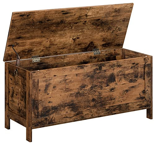 HOOBRO EBF100CW01 Leksakslåda med lock, skobänk, förvaringslåda, robust, säkerhetsgångjärn, sovrum, vardagsrum, 100 cm, mörkbrun