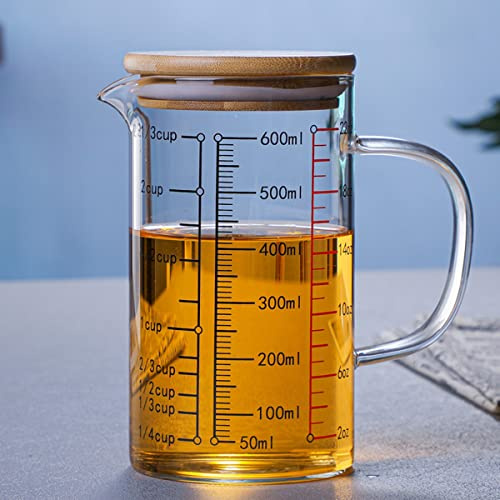 ZNZNANG Vaso medidor de vidrio multifunción, boquilla en forma de V y tres escalas, con asa y tapa de bambú, vaso de vidrio para cocina o restaurante (600 ml)