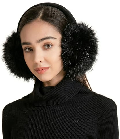 ZLYC Womens Girls Winter Fashion Adjustable Faux Fur EarMuffs Ear Warmers(Large Black)